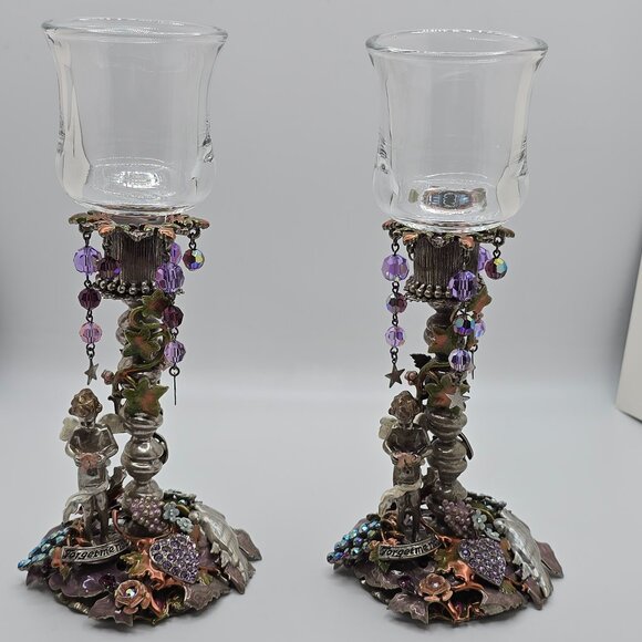 Vintage Kirks Folly Silver Enamel Jeweled Forget Me Not Votive Candle Holder Set - Picture 10 of 15